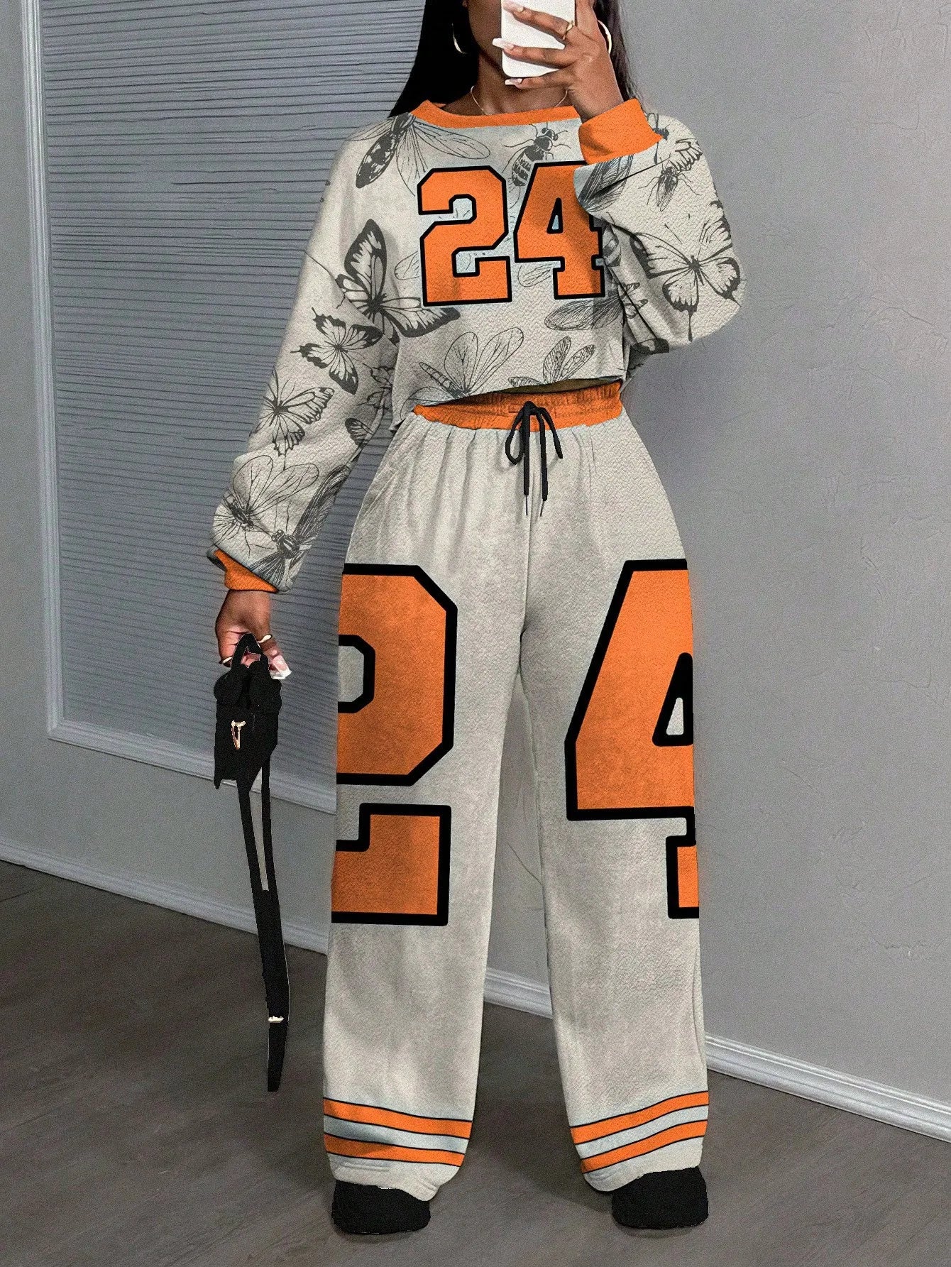 California 23 Two Piece Set Women's Streetwear Crop Top & Wide Leg Pants/Fall Winter