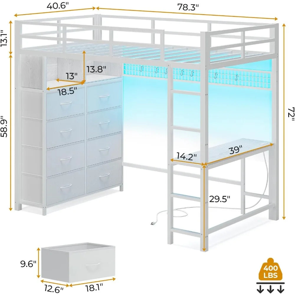 Twin Size Loft Bed with Integrated Desk, Eight Storage Drawers, Metal with Twin Mattress, LED Lights, and Charging Station