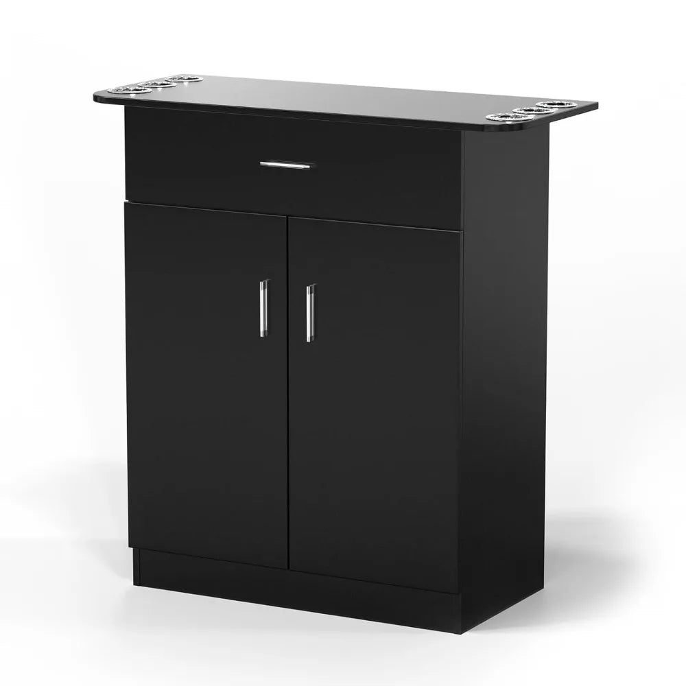 Salon Storage Station, Free Standing Cabinet with 1 Drawer, 1 Storage Cabinet, 6 Hair Dryer Holders for Hair Styling, Black