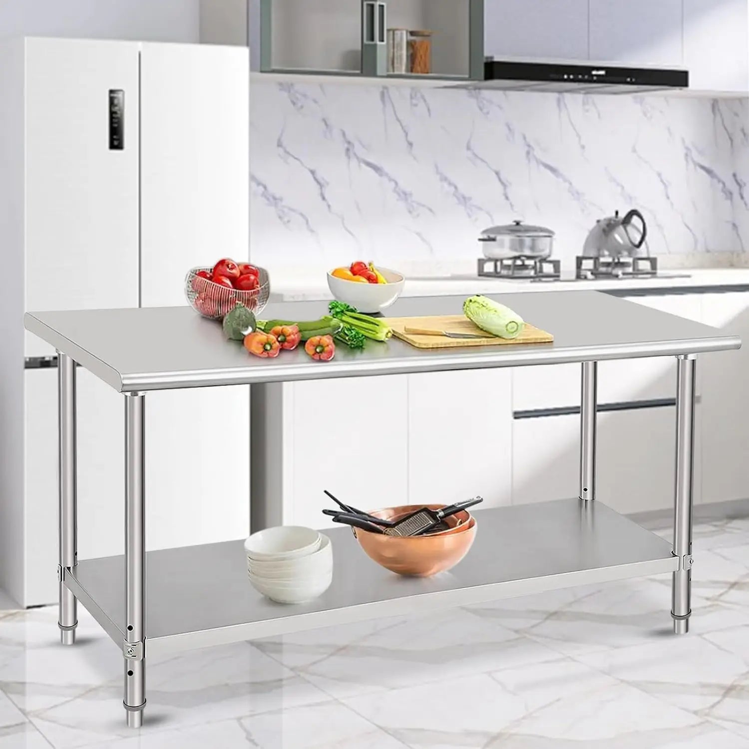 Commercial Grade 72 x 30 Stainless Steel Prep Table with Adjustable Shelf and Wheels