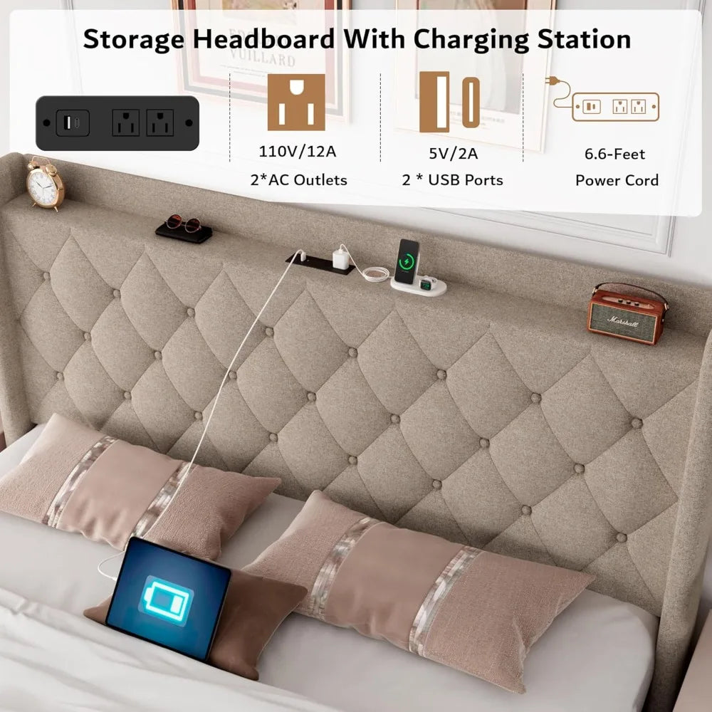 Queen Size Lift Up Storage Bed Frame with Charging Station, Upholstered Platform Bed Frame with Tufted Headboard, Hydraulic