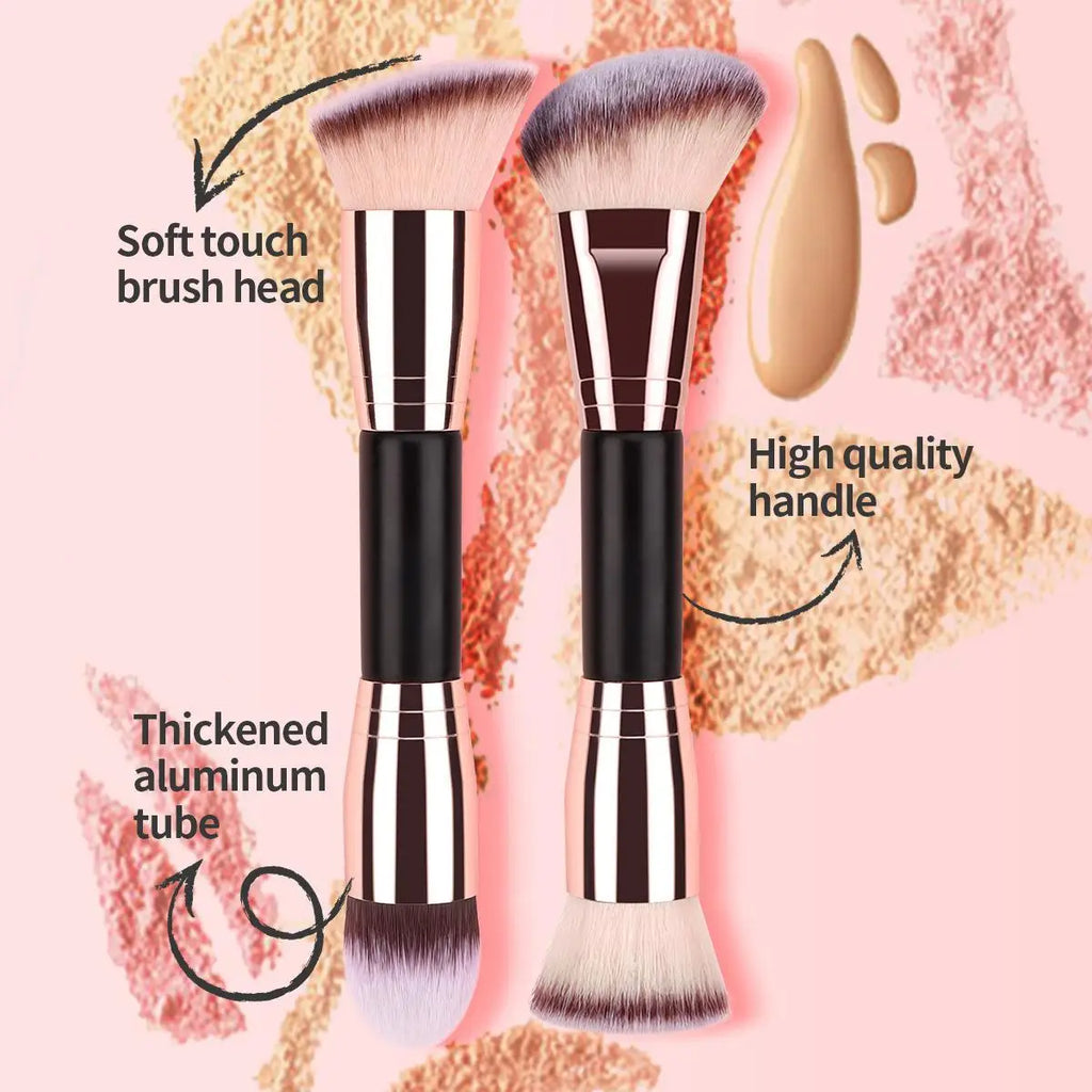 2pcs Double-Ended Foundation Brush Set - Round, Flat Beveled Ends, Soft Nylon Bristles ABS Handle, Unscented Universal Skin Type