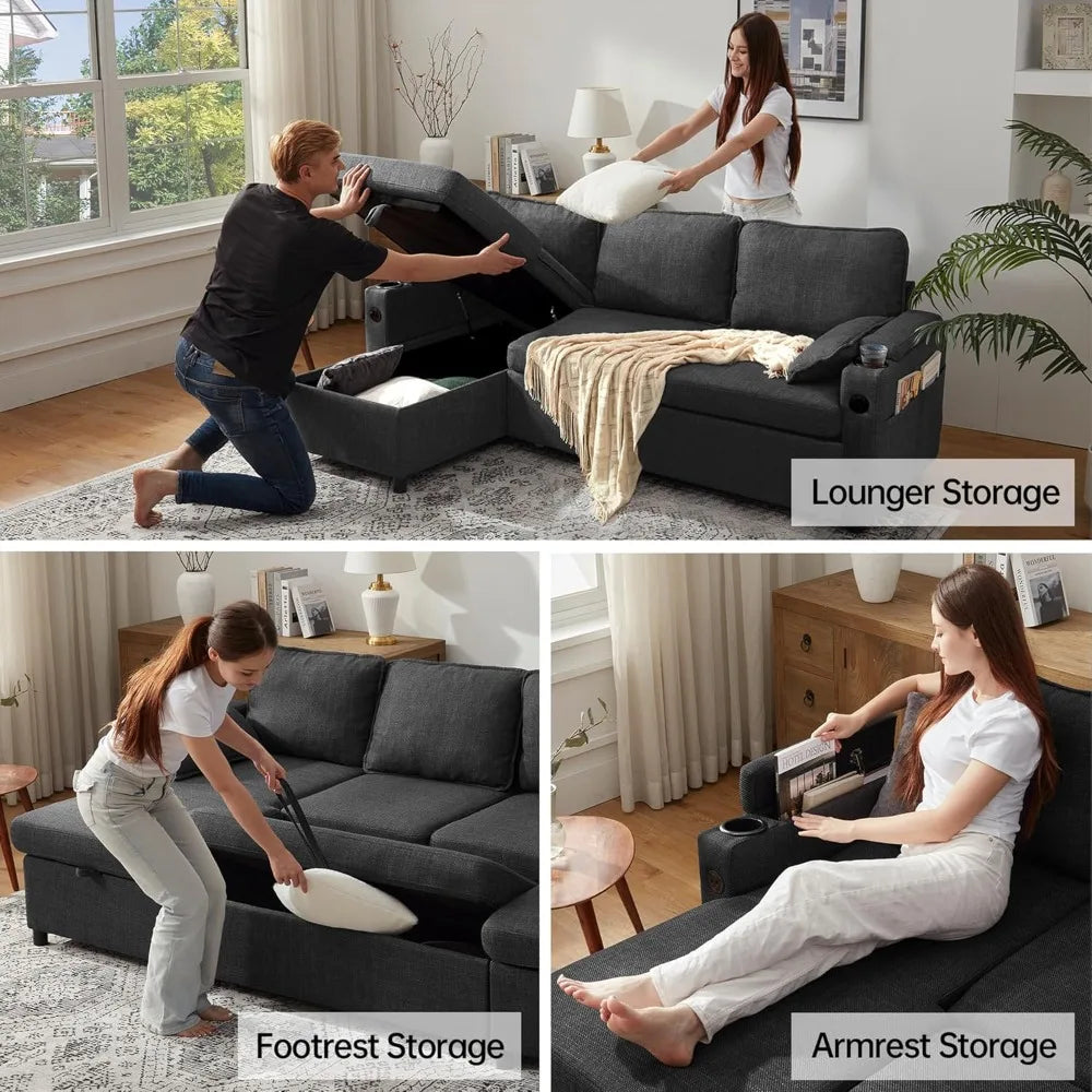 Dark Gray L-Shaped Sofa/ Bed with Storage Chaise, USB ports, and Cup Holders
