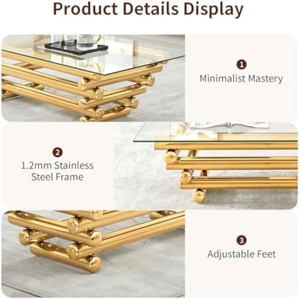 55" Glass Coffee Table, Modern Gold Coffee Table for Living Room, Rectangular Tempered Glass Top with Stainless Steel Legs