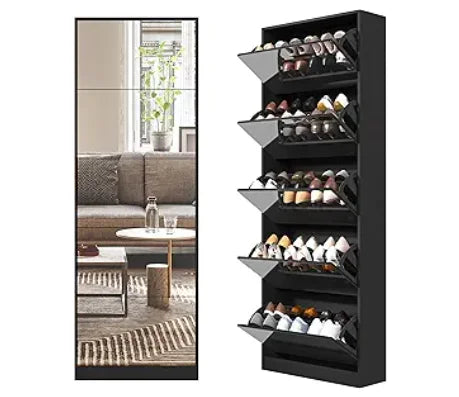 Shoe Storage Cabinet with Full Length Mirror, 30 Pairs & 5 Flip Drawer, Free Standing Shoe Rack Cabinet, Narrow Shoes Organizer