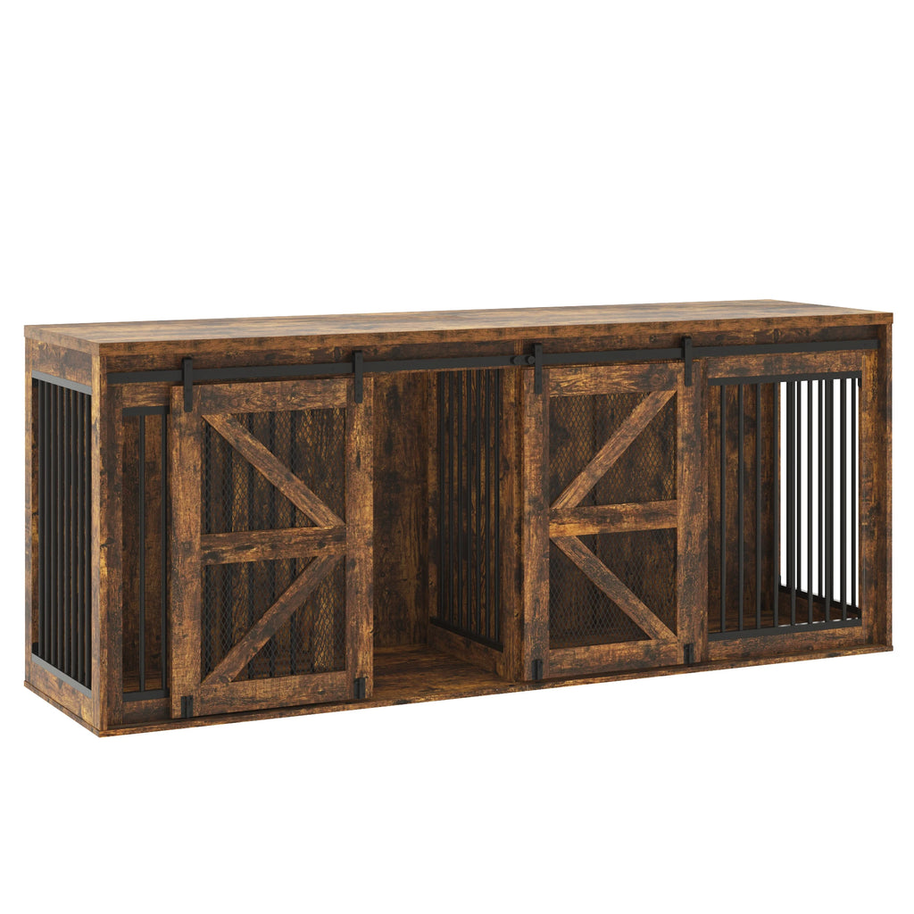 Farmhouse Dog Crate TV Stand, Wooden Dog Kennel Furniture with Sliding Metal Mesh Barn Door, 87'' Large Dog Crate Furniture