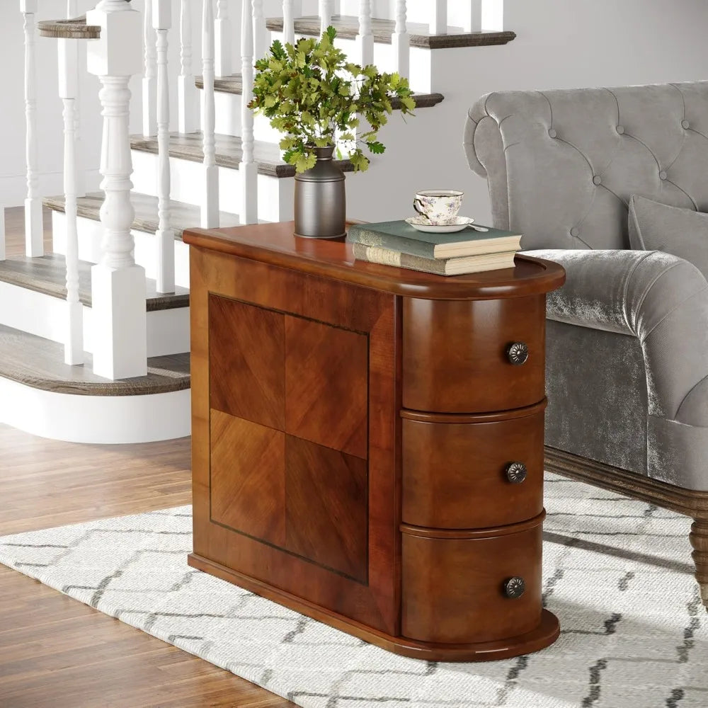 3 Drawers Wood End Table, No Assembly Required, Narrow Sofa Side Table for Living Room, Vintage Slim Nightstand, Bedside Table