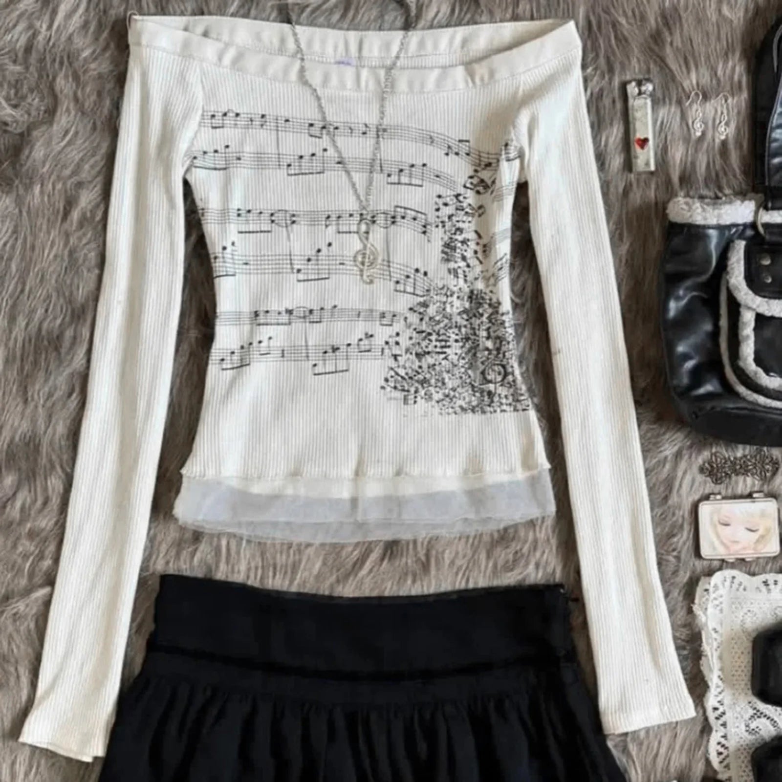 Women T-shirt Long Sleeve Boat Neck Music Note Print Patchwork Slim Fit Ladies Tops Streetwear