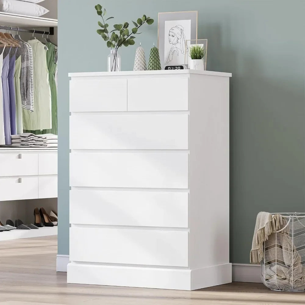 White Tall Dresser with 6 Drawers, 43.9" Tall Dressers & Chests of Drawers, Modern Wood Closet Organizer and Storage