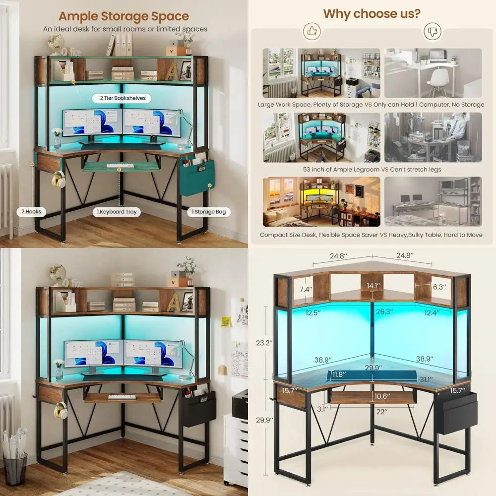 Compact Corner Desk with Integrated Hutch, LED Lighting, and Triangle-Shaped Keyboard Tray for Enhanced Storage and Ergonomics