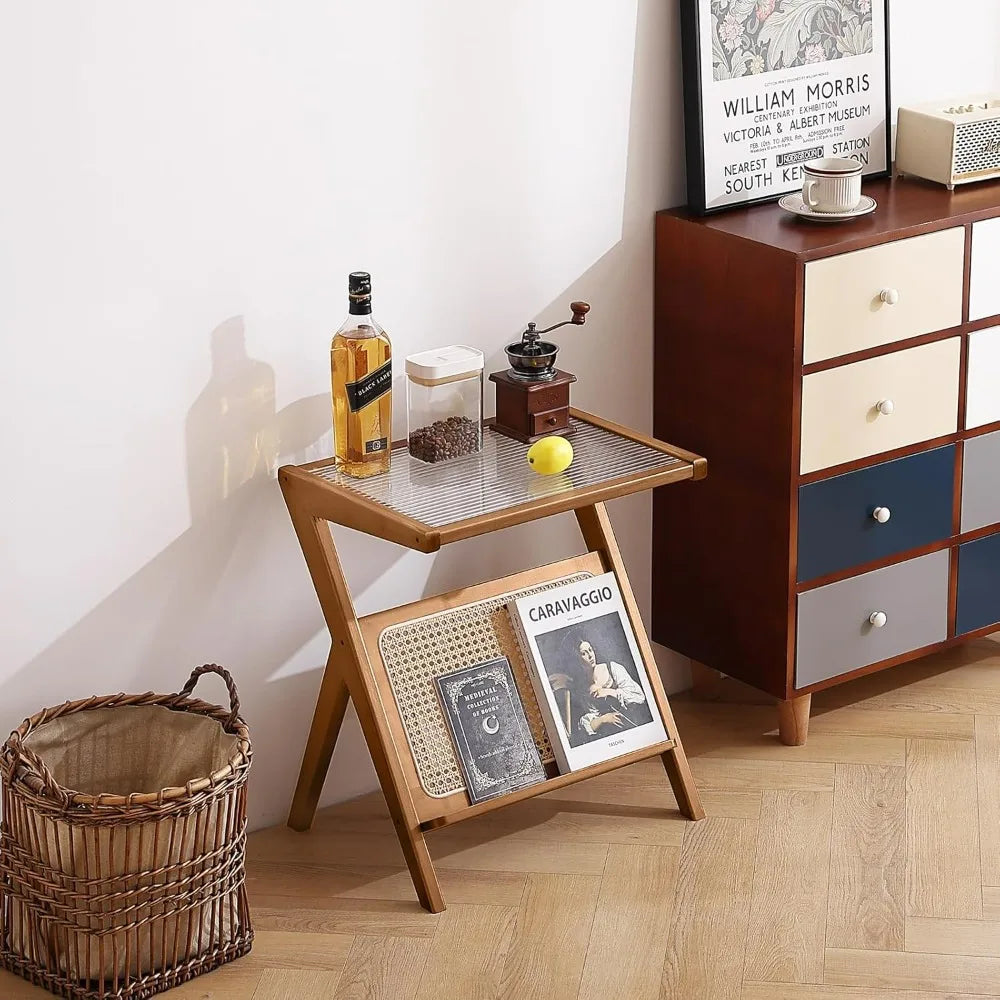 Mid-Century Bamboo Side Table, Rattan Nightstand Accent, Bohemian Wood End Table with Glass Top