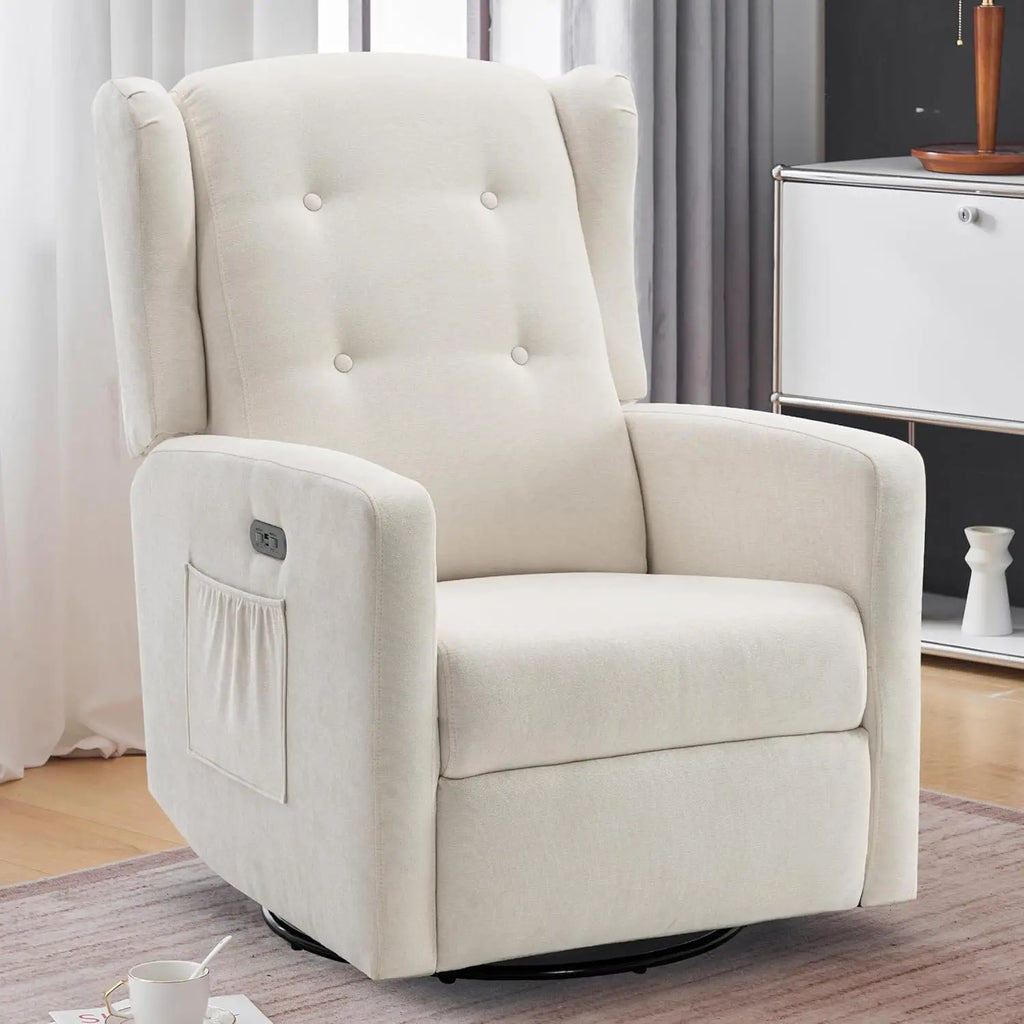 Power Swivel Rocking Recliner Chair, Electric Rocker Nursery Glider Chair, Upholstered Fabric/ Reclining Single Sofa Chair