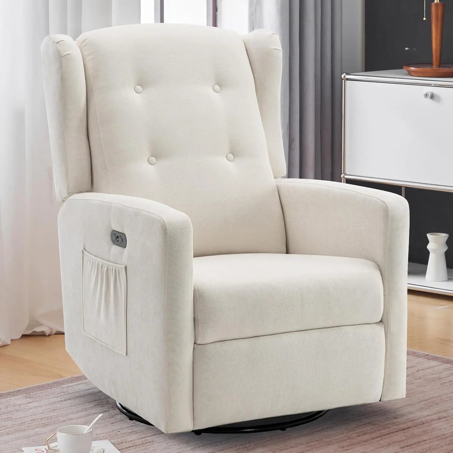 Power Swivel Rocking Recliner Chair, Electric Rocker Nursery Glider Chair, Upholstered Fabric/ Reclining Single Sofa Chair