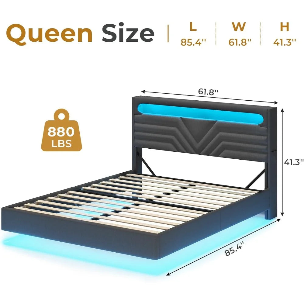 Queen Floating Bed Frame with Storage Headboard & LED Lights, Upholstered Platform Bed Frame with Type-C & USB Charging
