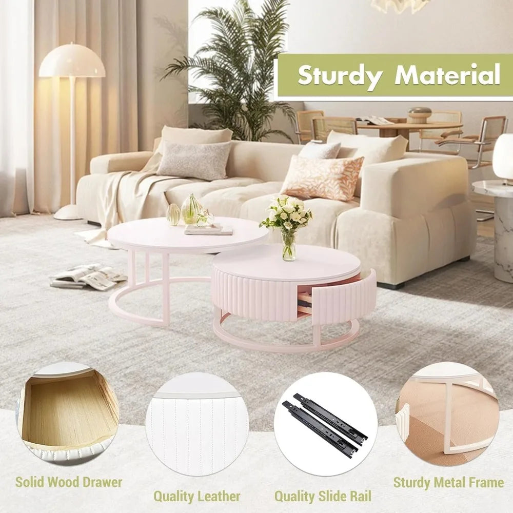 Round Marble Coffee Table with Storage Round Nesting Coffee Table Set of 2 Modern White Coffee Tables for Living Room Coffee Table