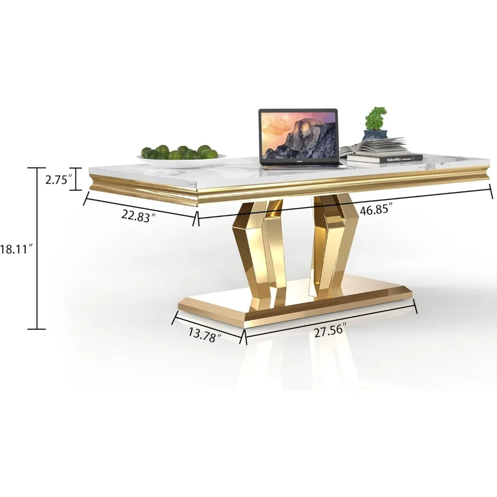 Luxury Marble Coffee Table with Stainless Steel Pedestal, 47" Modern Gold Coffee Table for Living Room, Rectangle Faux Marble