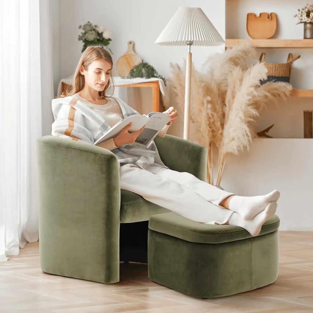 Upholstered Velvet Barrel Accent Chair with Storage Ottoman