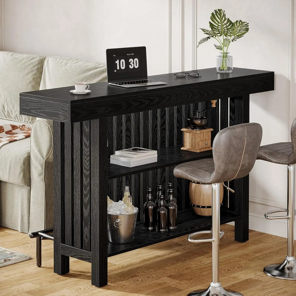 Black Large Home Bar Unit, 2-Tier Mini Bar Pub Table with Footrest, 63-Inch Modern Coffee Bar Cabinet