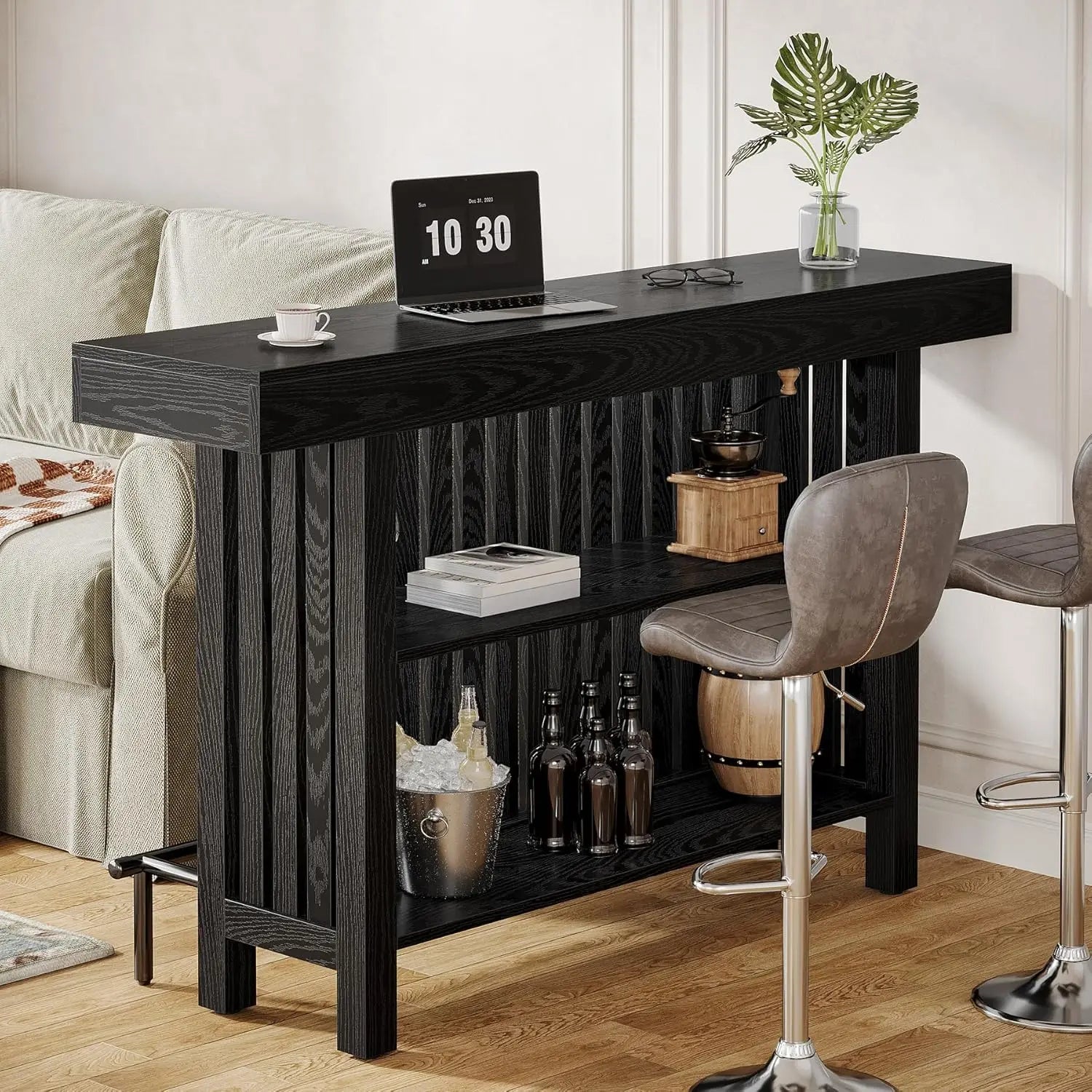 Black Large Home Bar Unit, 2-Tier Mini Bar Pub Table with Footrest, 63-Inch Modern Coffee Bar Cabinet