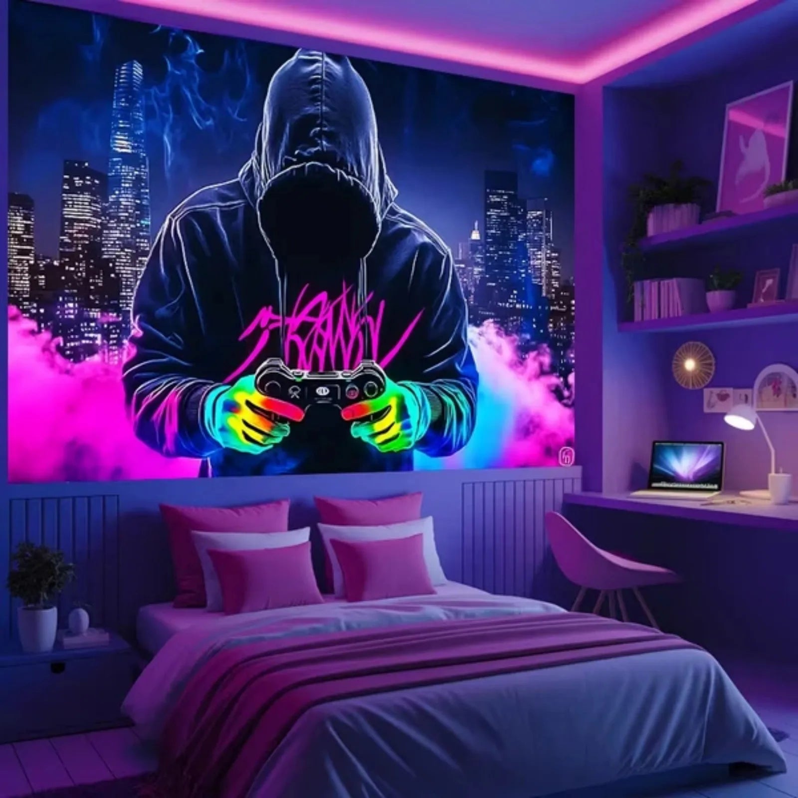 2D Flat - 2D Flat Fluorescent Tapestry | Mysterious Man Game Controller Print, Room Decor Wall Hanging for Bedroom, Living Room, Office | Non- Polyester Fabric, Peach Skin Velvet, Portrait Orientation