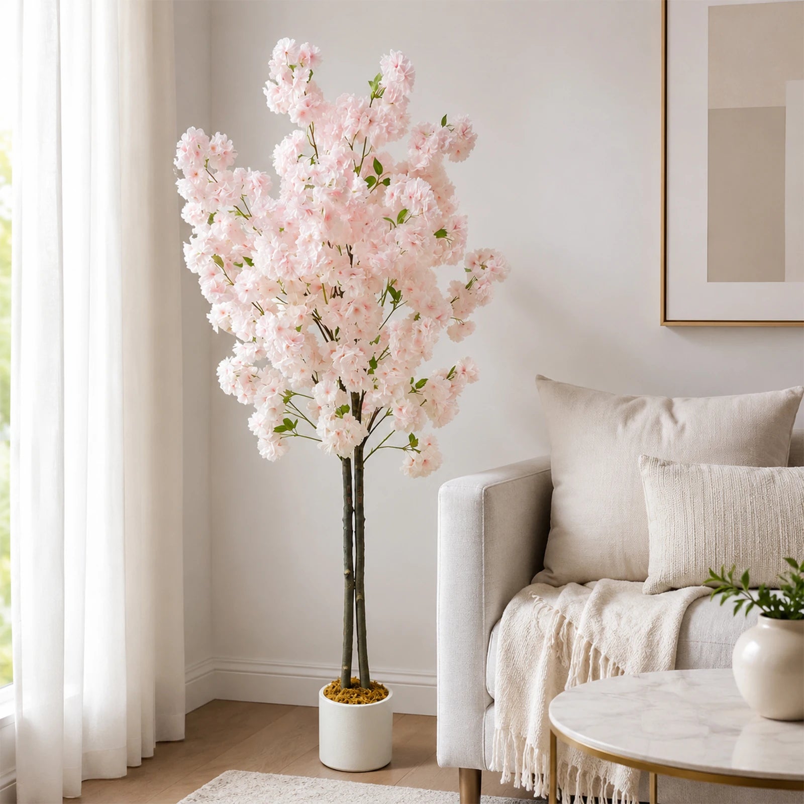 5/6FT Light Pink Faux Cherry Blossom Tree – Double-Trunk Silk Plant in Pot, Ideal for Home, Office, Wedding, Garden, Party, and Hotel Decor