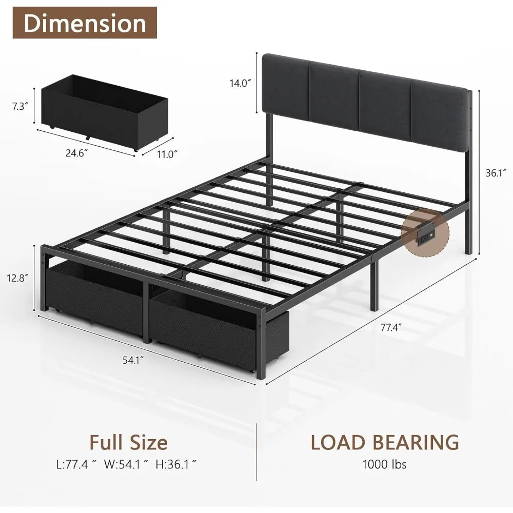 Bed Frame with Headboard, Bed Full with LED Light, USB Charging Station, Platform Bedframe with 2 Fabric Underbed Storage