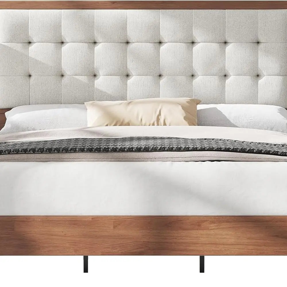 Mid-Century Walnut Solid Wood Bed Frame with Tufted Headboard, No Box Spring Needed