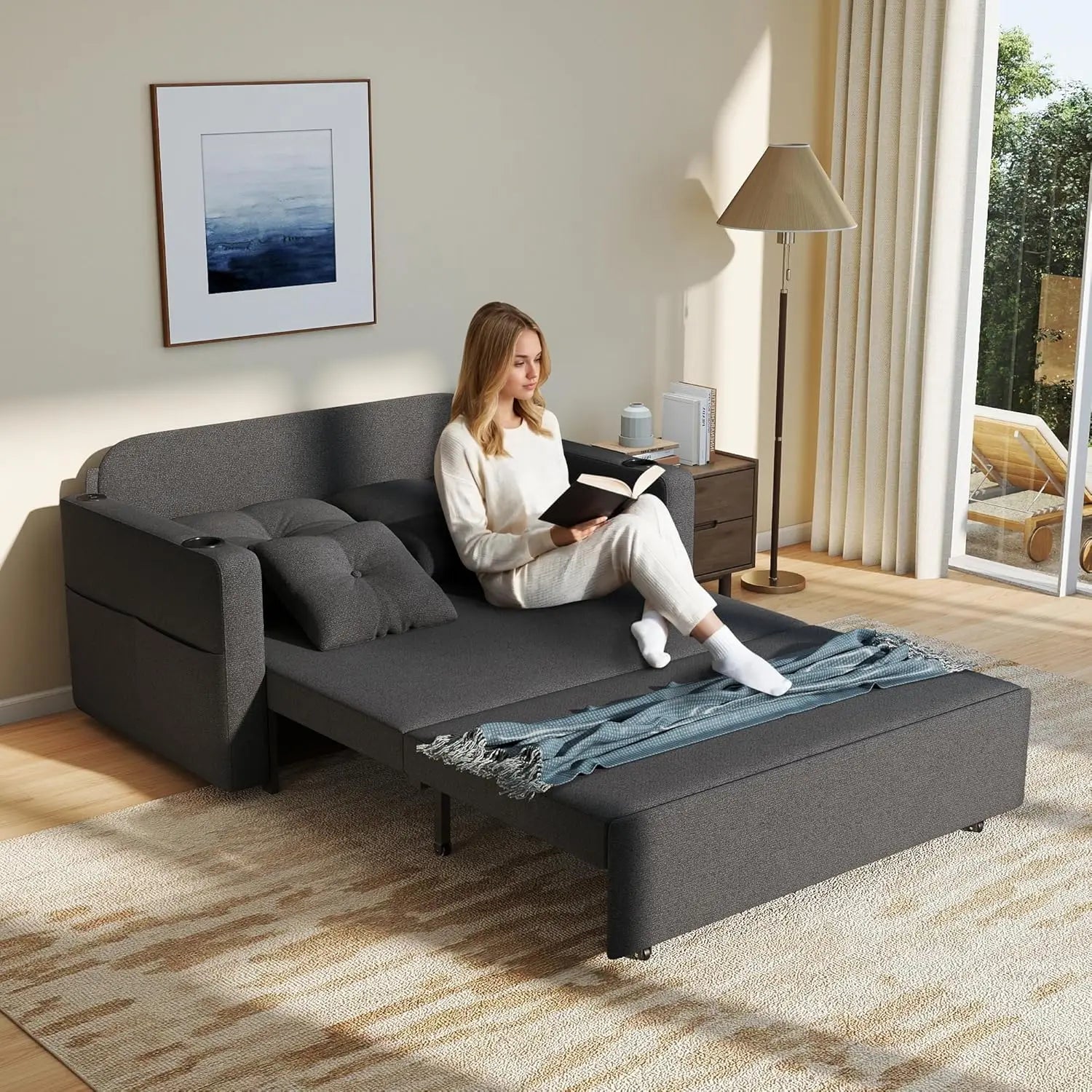 3 in 1 Sofa Bed, 56" Convertible Pull Out Couch, Loveseat Sleeper Sofa with Cup Holders, USB, Sofa Couches