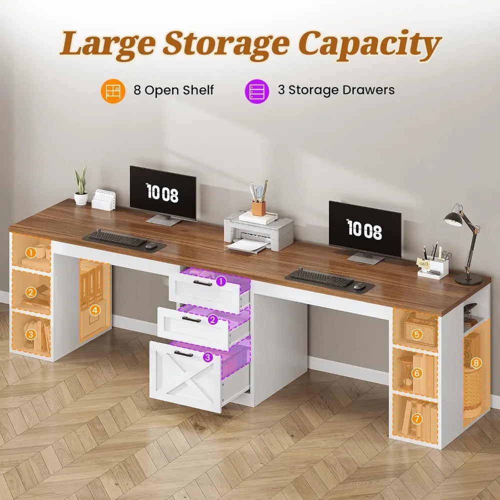Farmhouse 96.5 Computer Desk with Drawers, 2 Person Home Office Desk, Gaming Double Desk with Storage Shelves