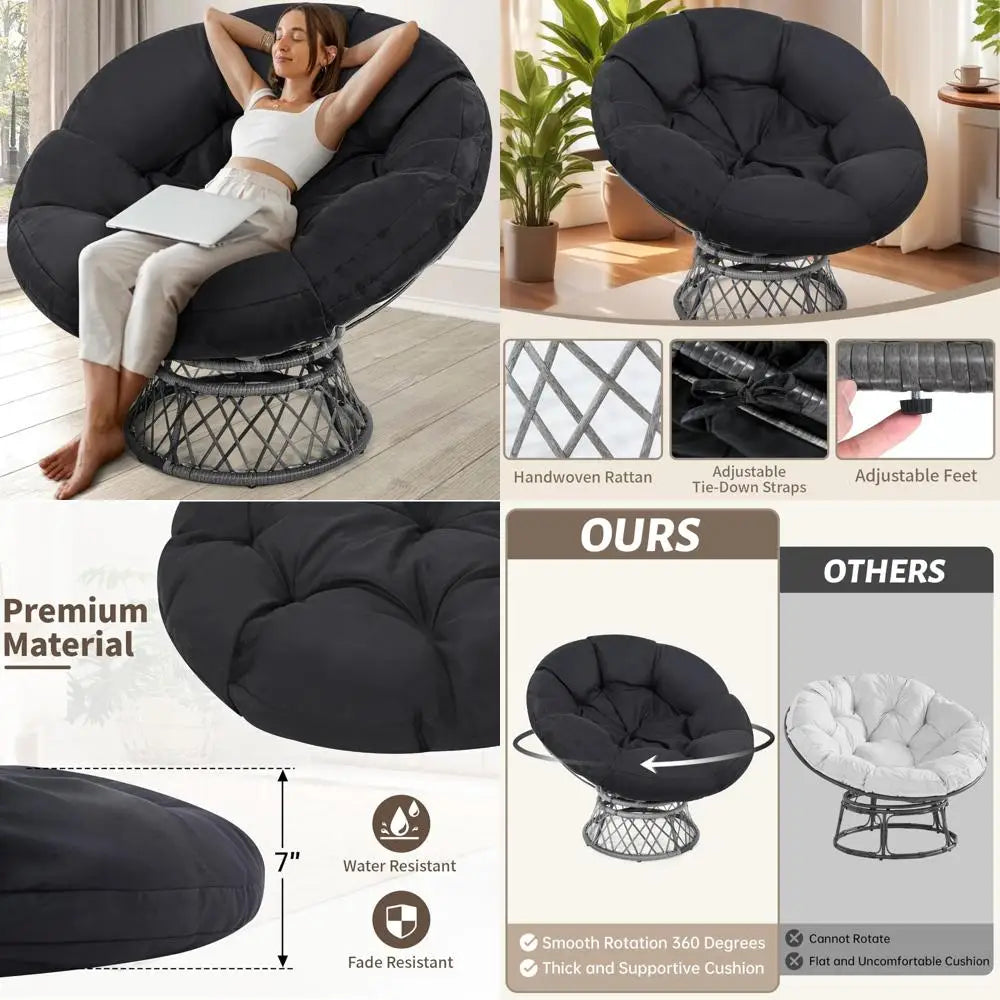 Adult-Sized Rattan Papasan Chair with Cushion, 360° Swivel, Waterproof, Grey and Black Frame