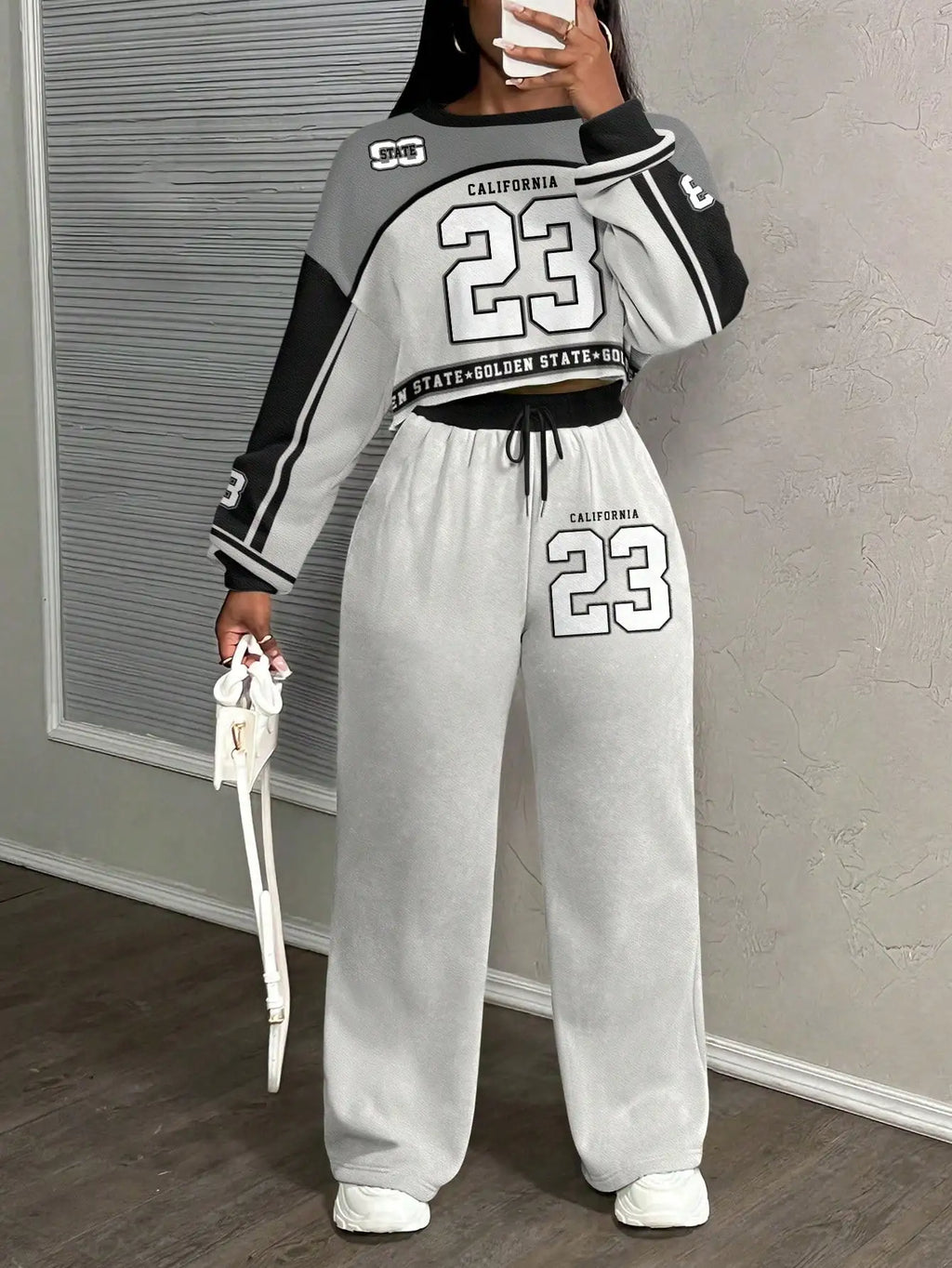 California 23 Two Piece Set Women's Streetwear Crop Top & Wide Leg Pants/Fall Winter