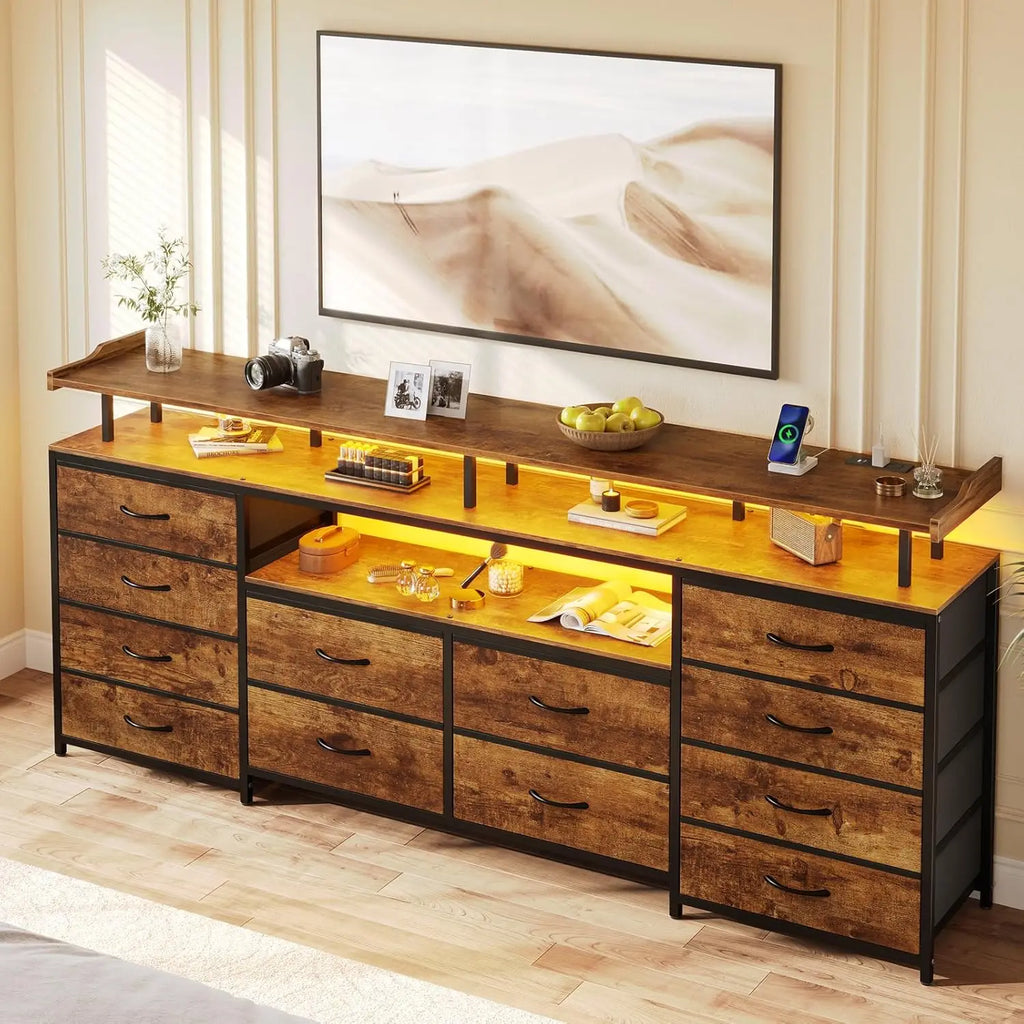 Entertainment Center with LED Lights & Power Outlets, 12 Drawers/ TV Stand Dresser for 65/70" TV, 63" Large LED TV Stand