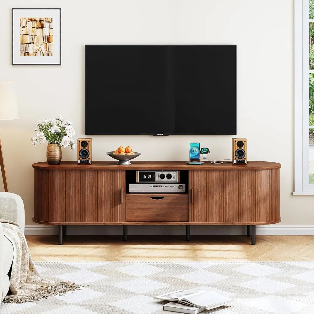 69" TV Stand with Power Outlet for TVs up to 80", with Storage and Drawer, with Adjustable Shelves