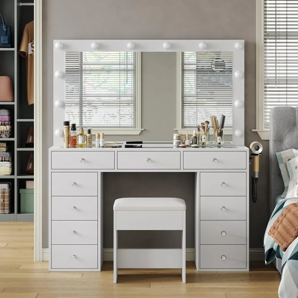 Vanity Desk with Power Outlet, Makeup Vanity with Mirror and 12 LED Lights, 3 Lighting Modes, 11 Drawers Vanity Table with Chair