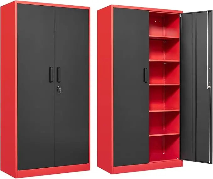 Garage Storage Cabinet with 5 Adjustable Shelves, Metal Storage Cabinet with Lock,Red Black Metal Cabinet with Locking Doors, Steel
