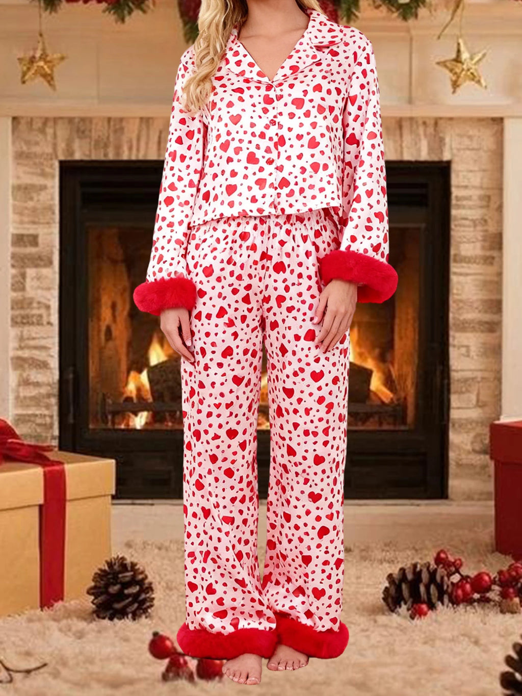 Valentine s Day Women s Pajama Set with Heart Print Long Sleeve Button Up Top and Pants Lounge Wear 2 Piece Set for Comfort