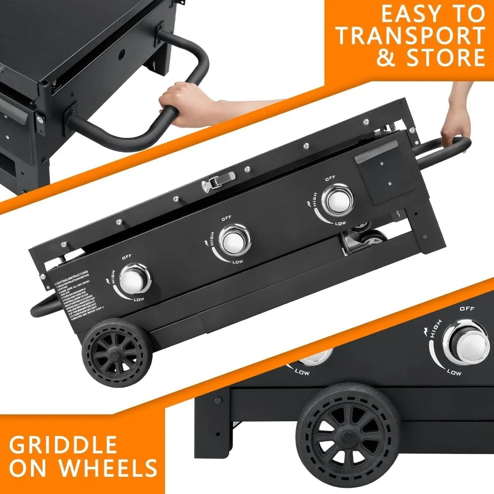 Flat Top Gas Grill-31.5 Inch Outdoor Propane Griddle, Portable Gas Griddle -45000 BTU Propane Fueled, 3 Burners, Table Top Foldable
