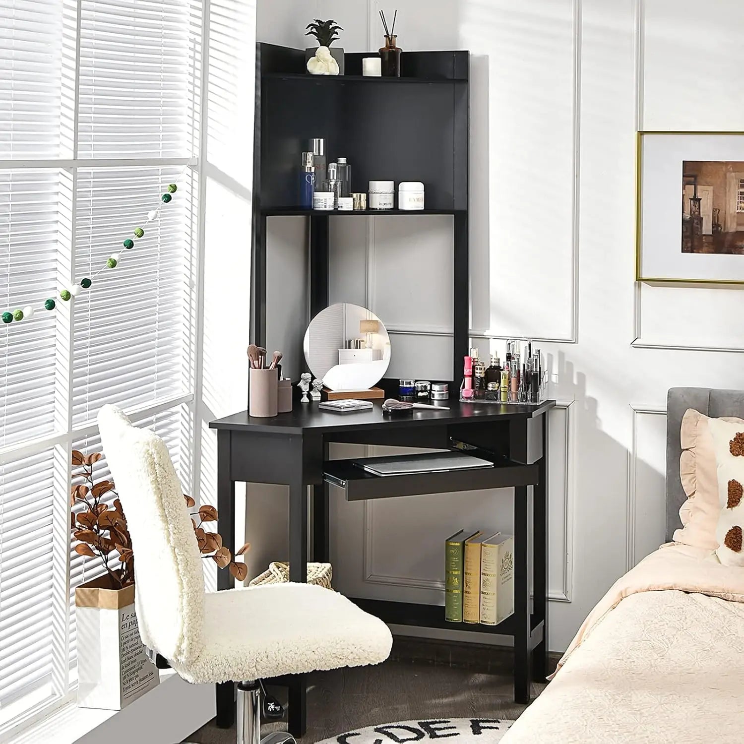 Corner Writing Desk with Hutch, 90 Degrees Triangle Small-Space Saving Computer Desk with Keyboard Tray & Bookshelves