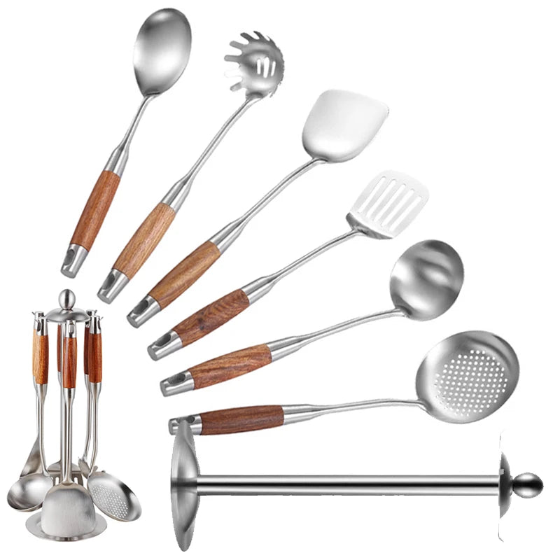 Kitchen Utensil Set 7 Piece 304 Stainless Steel Cookware Set, Rosewood Handle Spatula- Household Cooking/ Baking Tools