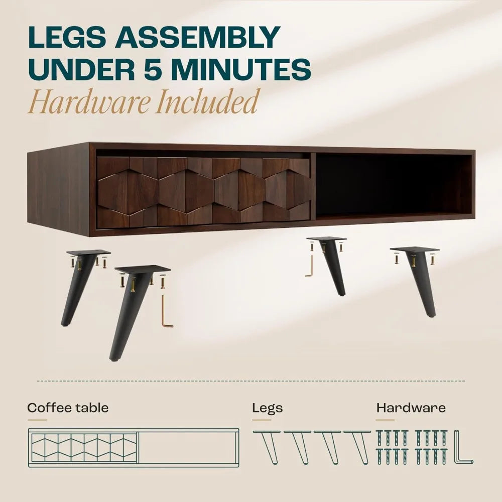 Georgina Solid Wood Coffee Tables for Living Room, Coffee Table Mid Century Modern with 2 Symmetrical Storage Drawers