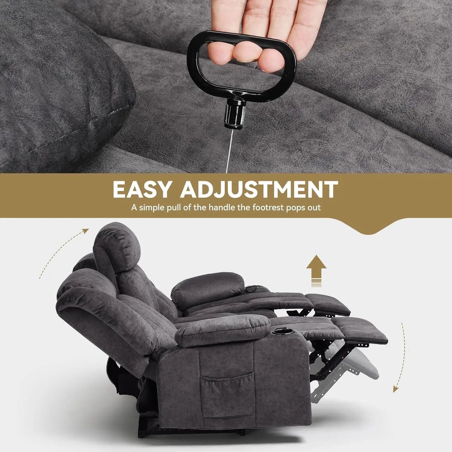 Manual Recliner Chair Set, Fabric Reclining Sofa Chair with Cup Holders, Upholstered Recliner with Side Pockets Suitable
