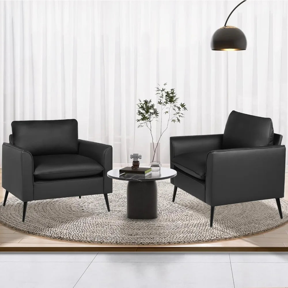 Accent Chairs Set of 2, Black Leather Accent Chair, Comfy Living Room Chair, Cozy Reading Sitting Chair, Mid Century Modern