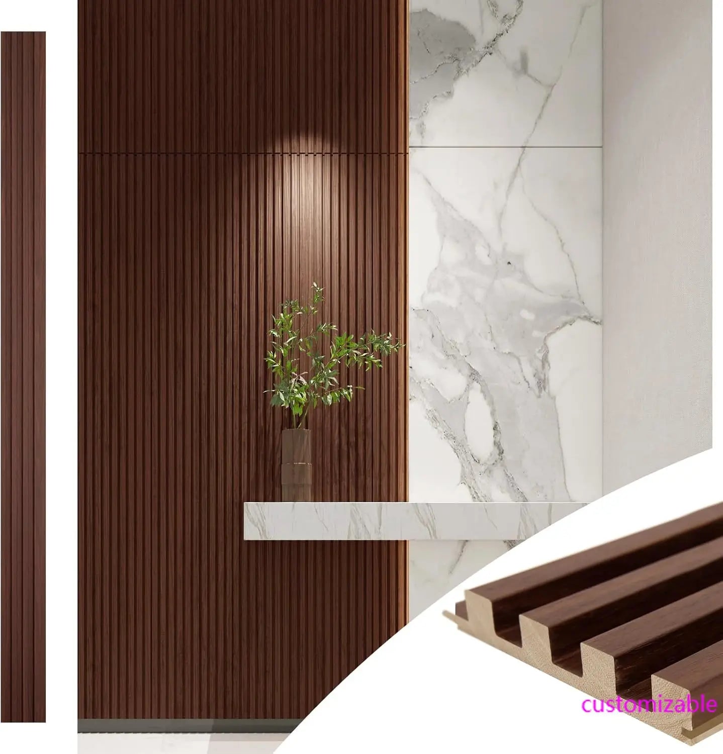 Slat Wood Wall Paneling for Interior and Ceiling Decoration - Pack of 4pcs + 1pc End-Trim, Size 108 x 5.7in.- Walnut