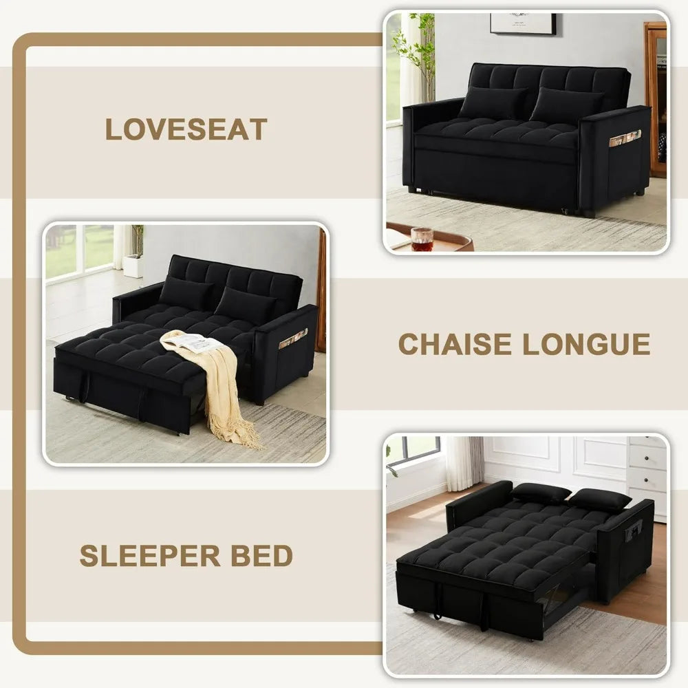 55 Inch 3-in-1 Sleeper Loveseat, Velvet Futon Sofa with Adjustable Reclining Backrest and Pull Out Couch, Includes Pillows
