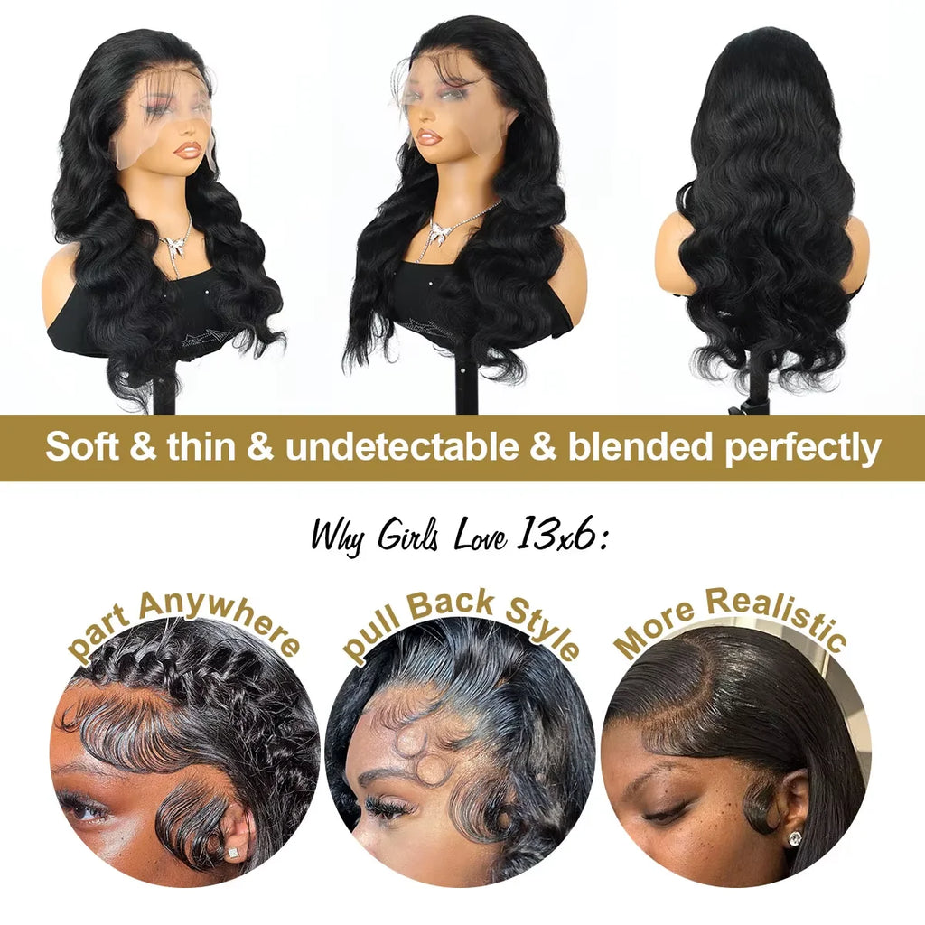 250 Density Body Wave 13x6 HD Transparent Lace Frontal Wig For Black Women 100% Human Hair Wigs 13x4 Pre Plucked Wet And Wavy Lace Front Wig Natural Color