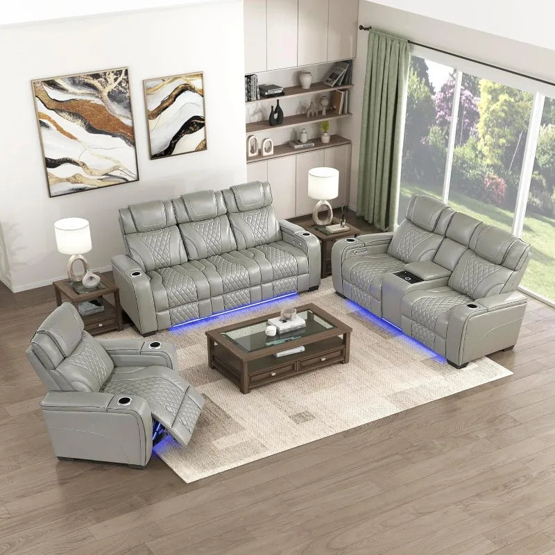 3-Piece Multi-Function Recliner Sofa Set with Heating and Massage Functions, Grey Color