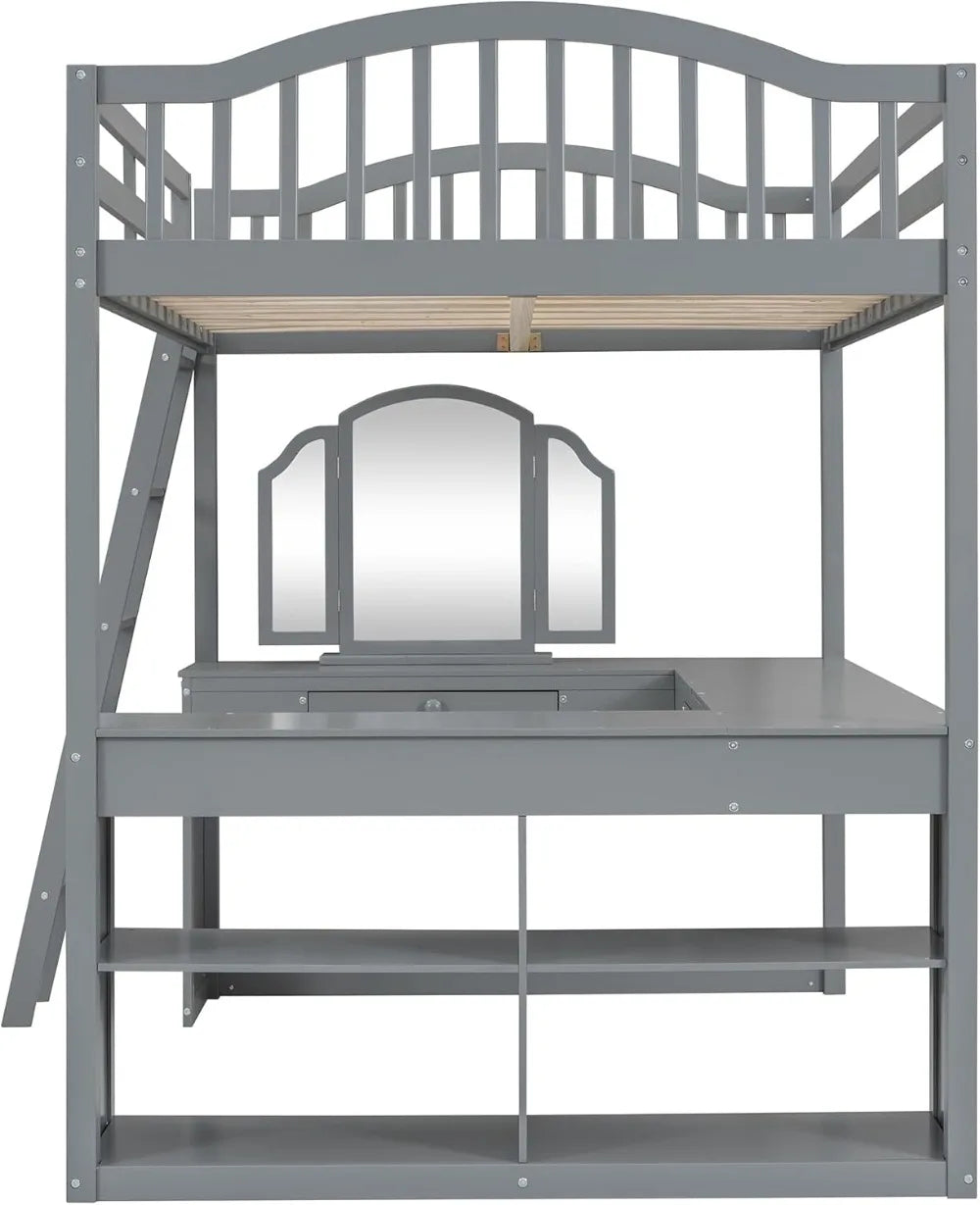 Full Size Loft Bed with U-Shaped Desk, Storage Shelves, Tri-Fold Mirror for Kids Teens (Gray)