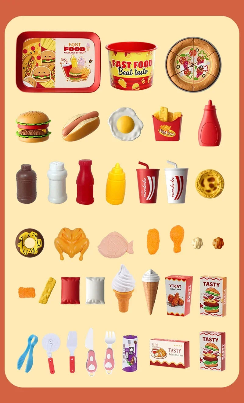 Kid Kitchen Toy Set /Simulation/ Make Hamburgers, Pizza, Fries, Pretend Play Food Cooking/ Cutting Game/ Montessori Interactive Toy Gift