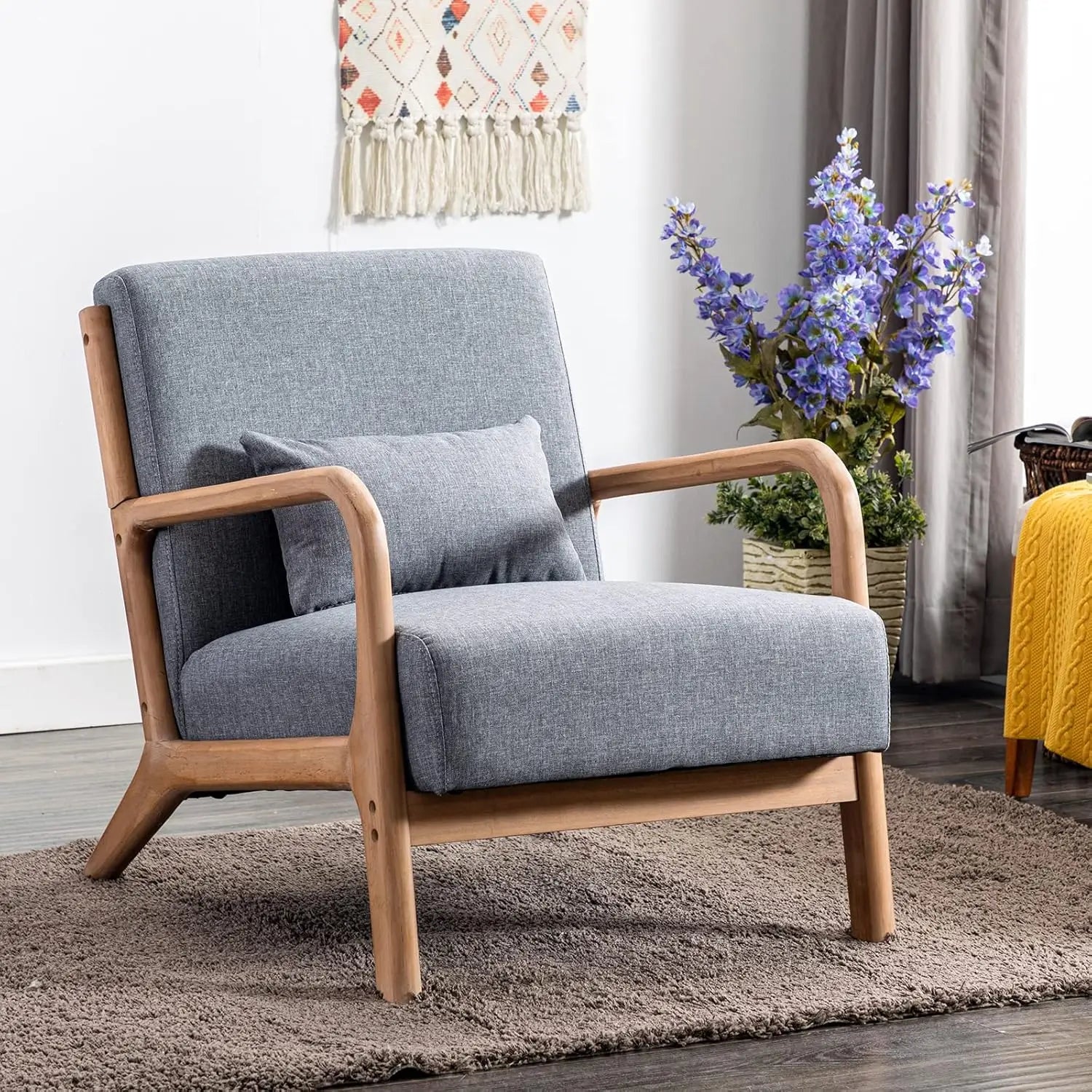 Mid Century Modern Accent Chair, Comfy Fabric Living Room Chairs with Solid Wood Frame, Lounge Reading Armchair