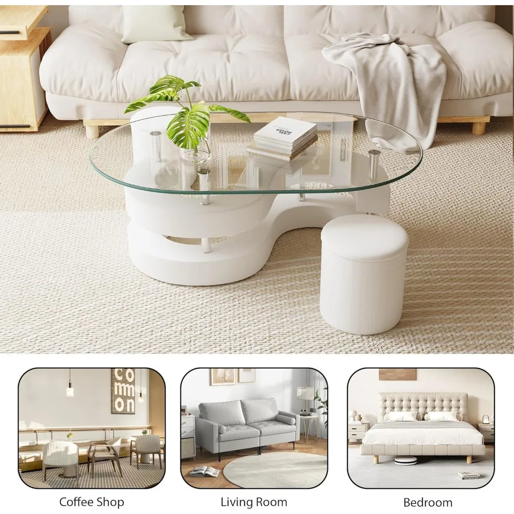 Oval Glass Coffee Table Set of 3, 0.39" Tempered Glass Top and S Shape Base, Modern Center Table with 2 Leather Stools
